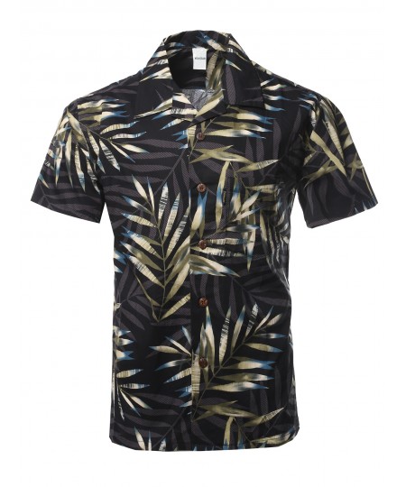 Men's Casual Beach Hawaiian Tropical Print Button Down Cotton Shirt