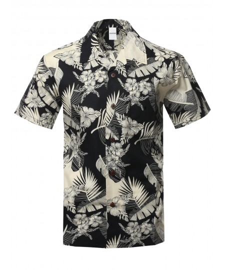 Men's Casual Beach Hawaiian Tropical Print Button Down Cotton Shirt