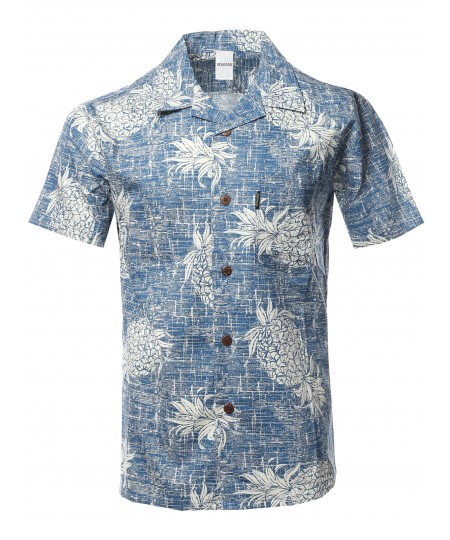 Men's Casual Beach Hawaiian Tropical Print Button Down Cotton Shirt