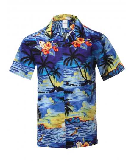 Men's Casual Beach Hawaiian Tropical Print Button Down Cotton Shirt