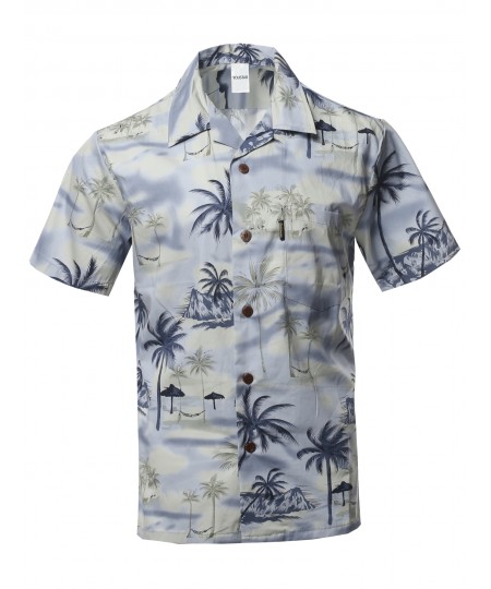 Men's Casual Beach Hawaiian Tropical Print Button Down Cotton Shirt