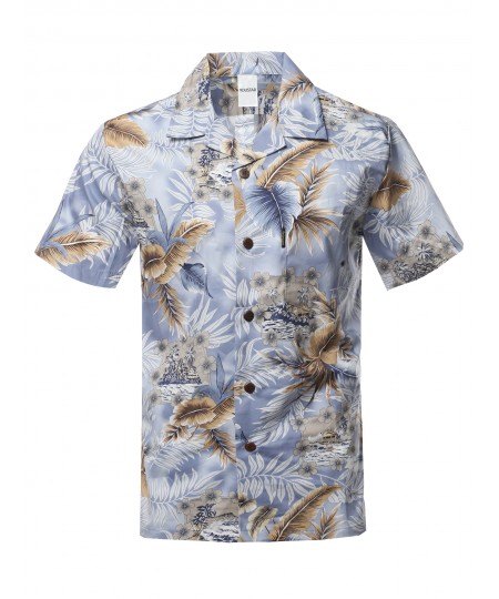 Men's Casual Beach Hawaiian Tropical Print Button Down Cotton Shirt