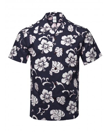 Men's Casual Beach Hawaiian Tropical Print Button Down Cotton Shirt