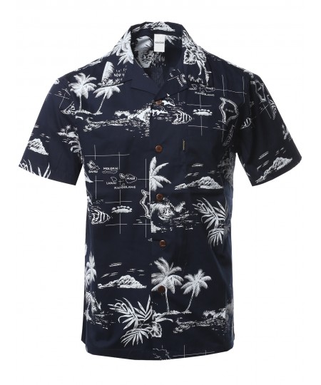 Men's Casual Beach Hawaiian Tropical Print Button Down Cotton Shirt