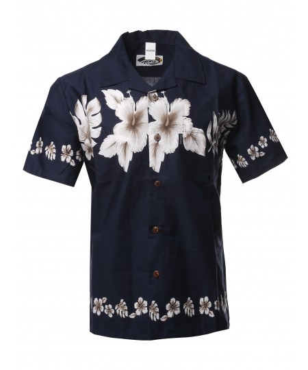 Men's Casual Beach Hawaiian Tropical Print Button Down Cotton Shirt