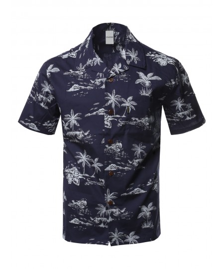 Men's Casual Beach Hawaiian Tropical Print Button Down Cotton Shirt