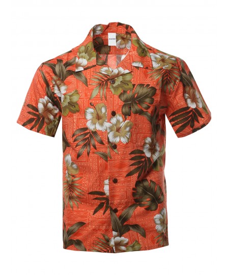 Men's Casual Beach Hawaiian Tropical Print Button Down Cotton Shirt