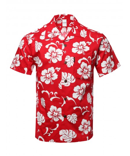 Men's Casual Beach Hawaiian Tropical Print Button Down Cotton Shirt