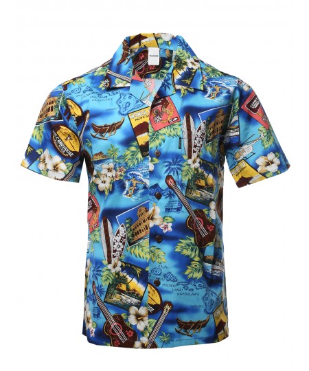 Men's Casual Beach Hawaiian Tropical Print Button Down Cotton Shirt