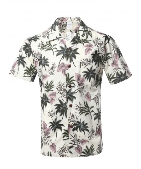 Men's Casual Beach Hawaiian Tropical Print Button Down Cotton Shirt