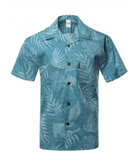 Men's Casual Beach Hawaiian Tropical Print Button Down Cotton Shirt