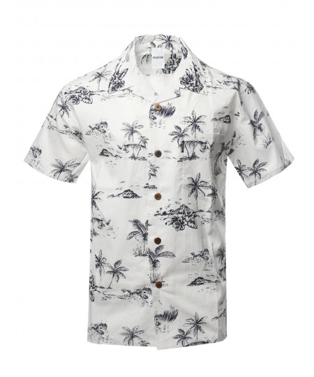 Men's Casual Beach Hawaiian Tropical Print Button Down Cotton Shirt