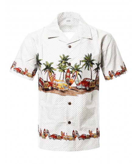 Men's Casual Beach Hawaiian Tropical Print Button Down Cotton Shirt