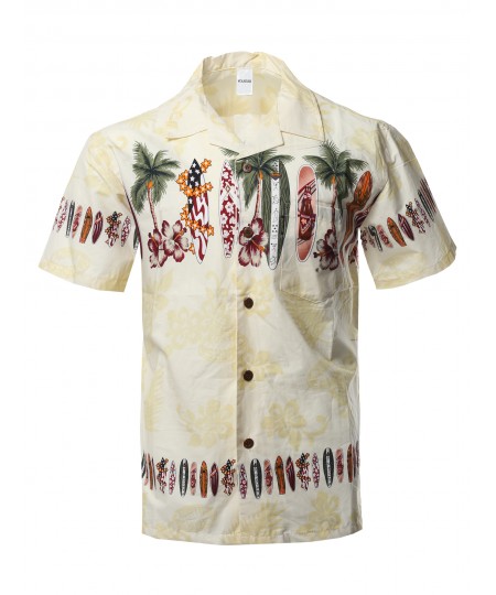 Men's Casual Beach Hawaiian Tropical Print Button Down Cotton Shirt