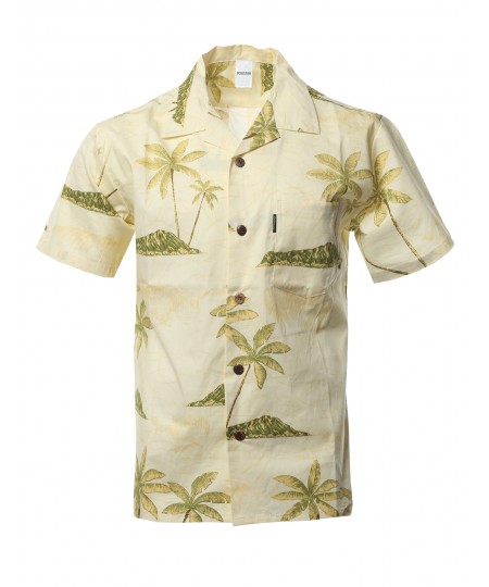 Men's Casual Beach Hawaiian Tropical Print Button Down Cotton Shirt