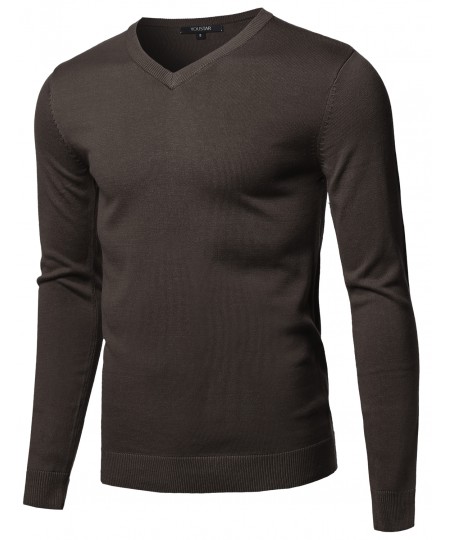 Men's Casual Solid Soft Knitted Long Sleeve V-neck Sweater