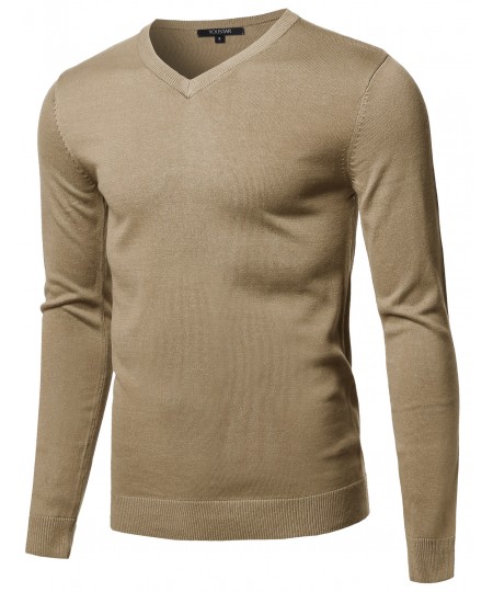 Men's Casual Solid Soft Knitted Long Sleeve V-neck Sweater