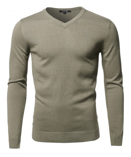 Men's Casual Solid Soft Knitted Long Sleeve V-neck Sweater