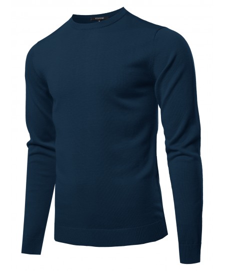 Men's Solid Long Sleeve Crew Neck Pullover Knit Sweater