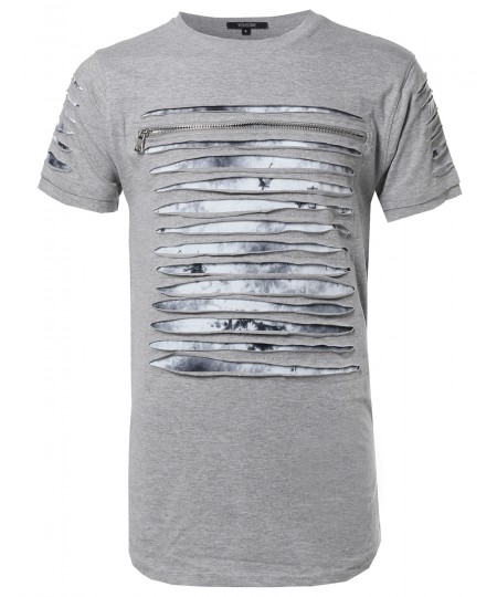 Men's Tie Dye Distressed Cut Out Design Front Zipper Short Sleeves Tee Shirt
