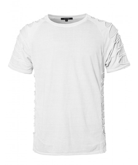 Men's Casual Hipster Solid Short Sleeve Distressed Zipper Tee Shirt