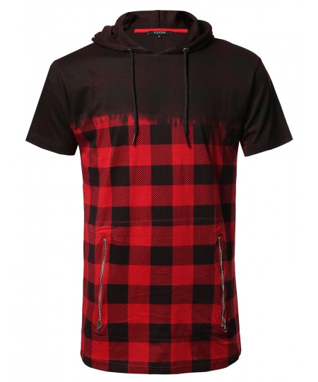 Men's Urban Style Long Line Short Sleeve Check Printed Hoodie Top