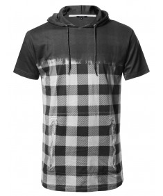 Men's Urban Style Long Line Short Sleeve Check Printed Hoodie Top
