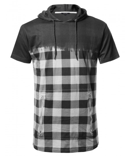 Men's Urban Style Long Line Short Sleeve Check Printed Hoodie Top