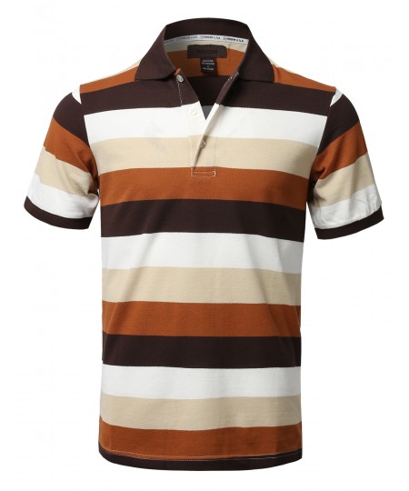 Men's Basic Casual Short Sleeves Stripe 3 Button Placket Polo Shirt