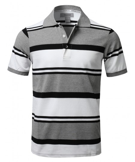 Men's Basic Casual Short Sleeves Stripe 3 Button Placket Polo Shirt