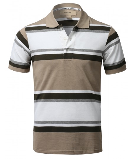 Men's Basic Casual Short Sleeves Stripe 3 Button Placket Polo Shirt