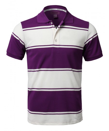 Men's Basic Casual Short Sleeves Stripe 3 Button Placket Polo Shirt