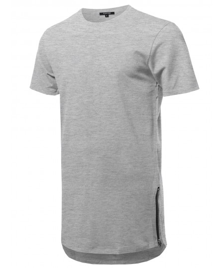 Men's Solid Short Sleeves Basic Long-Line Side Zipper T-Shirt