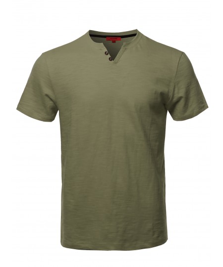 Men's Premium Quality V-Neck Henley Slub Cotton T-Shirt
