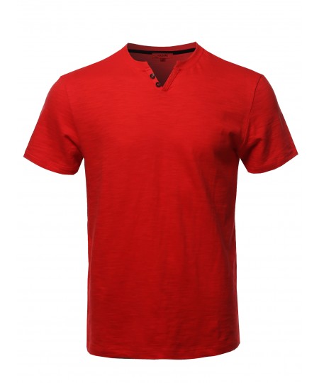 Men's Premium Quality V-Neck Henley Slub Cotton T-Shirt