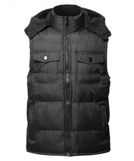 Men's Casual Detachable Hood Chest Pockets  Puffer Vest