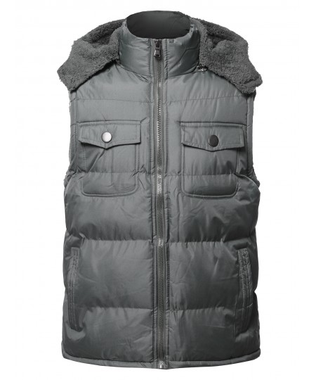 Men's Casual Detachable Hood Chest Pockets  Puffer Vest