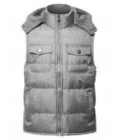 Men's Casual Detachable Hood Chest Pockets  Puffer Vest