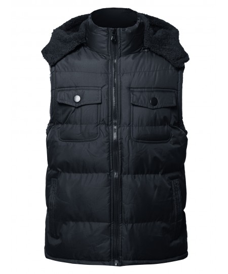 Men's Casual Detachable Hood Chest Pockets  Puffer Vest