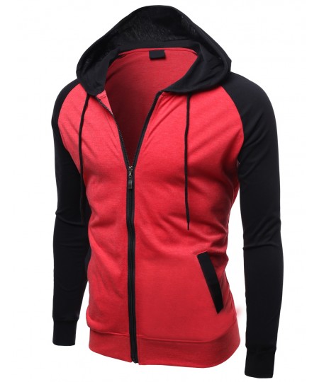 Men's Raglan Color Contrast Zip Hooded Jackets