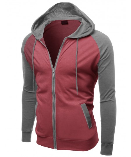 Men's Raglan Color Contrast Zip Hooded Jackets