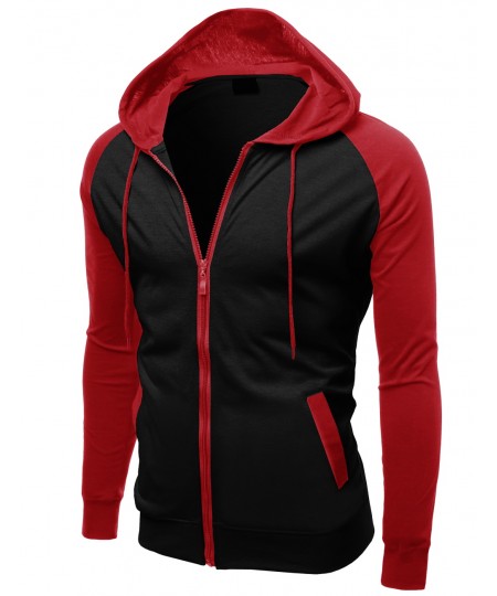 Men's Raglan Color Contrast Zip Hooded Jackets