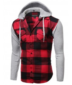 Men's Plaid Checkered Detachable Hoodie Color Contrast Flanel Shirt