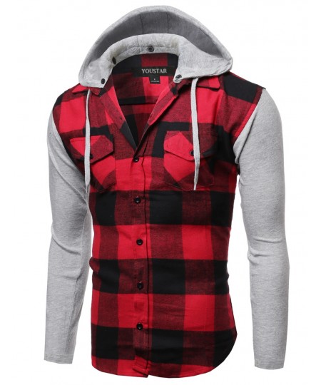 Men's Plaid Checkered Detachable Hoodie Color Contrast Flanel Shirt