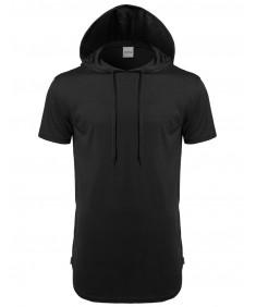 Men's Basic Solid Side Zippers Short Sleeves Drawstring Hoodie