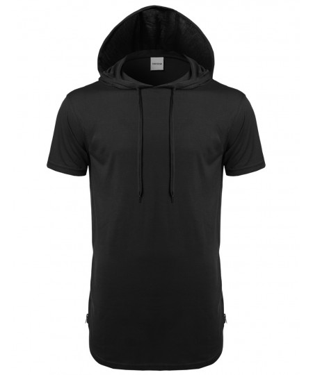 Men's Basic Solid Side Zippers Short Sleeves Drawstring Hoodie