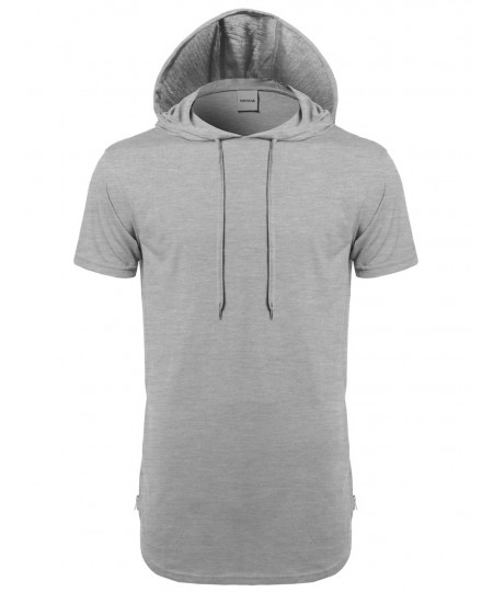 Men's Basic Solid Side Zippers Short Sleeves Drawstring Hoodie