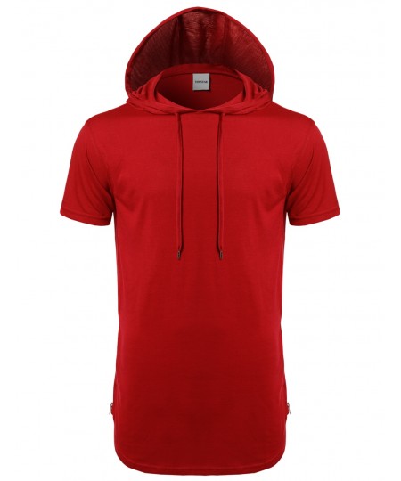 Men's Basic Solid Side Zippers Short Sleeves Drawstring Hoodie