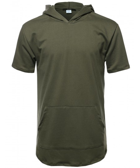 Men's Basic Solid Kangaroo Pocket Short Sleeves Long Line Hoodie