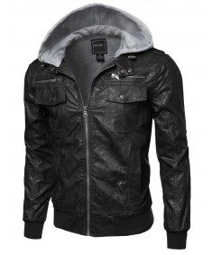 Men's Refined Faux-Leather Moto Jacke With Detachable Hood